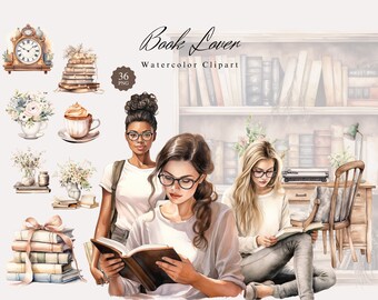 Book Lover Clipart Bundle, Watercolor PNGs, Pretty Girl Clip Art, Coffee Cup, Armchair, Cozy Graphics,  Bookworm, Library, Fantasy Interiors