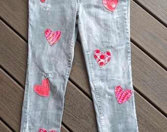 Upcycled Boho Pink Heart Love Skinny Jeans