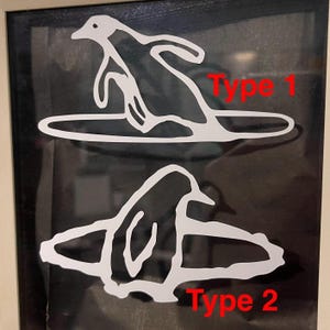 May include: Two black and white drawings of penguins on surfboards. The top penguin is labeled "Type 1" and the bottom penguin is labeled "Type 2".