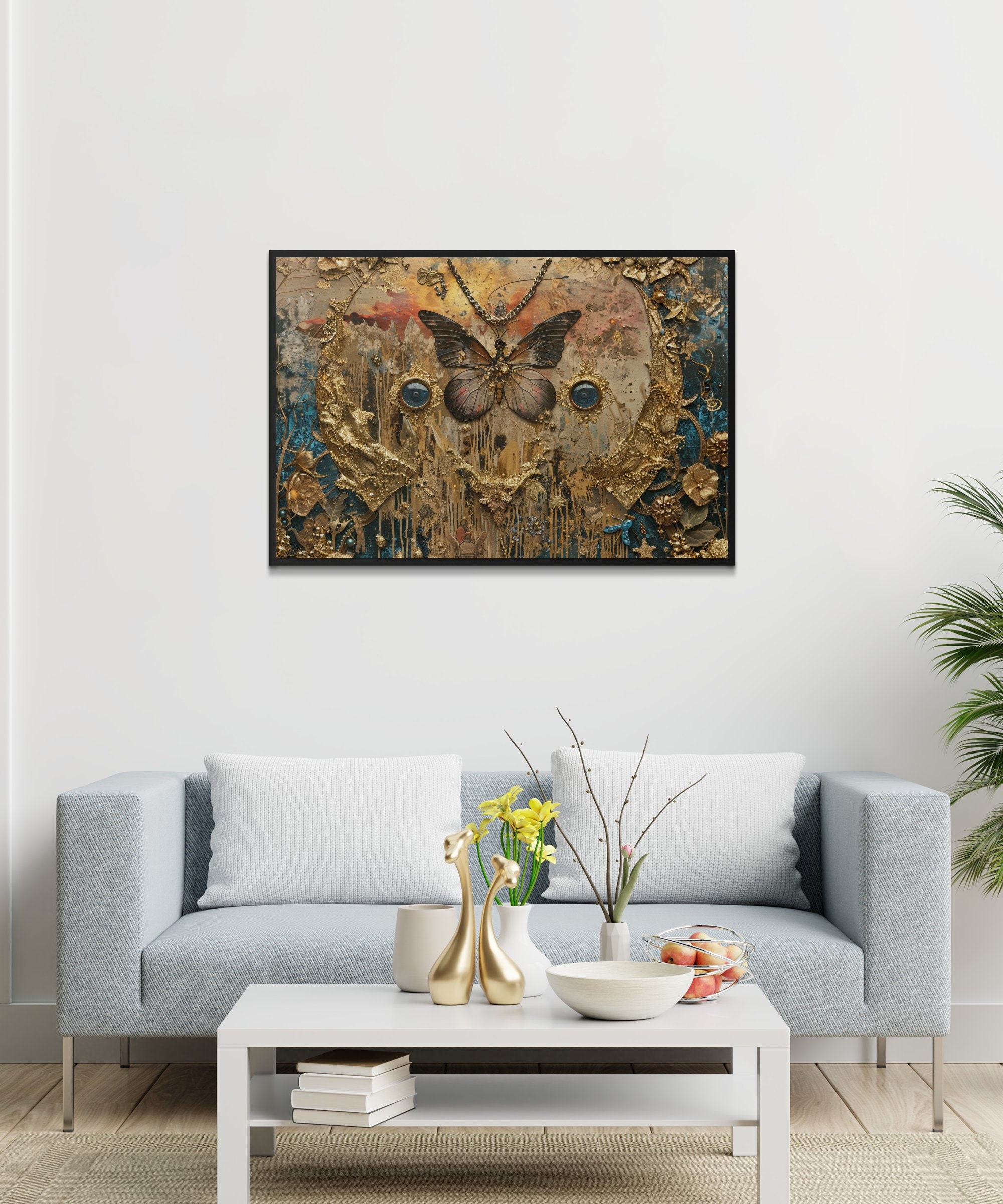Whimsical Butterfly Gold Wall Art, Vintage Shabby Chic Decor, Unique Golden Painting, Textured