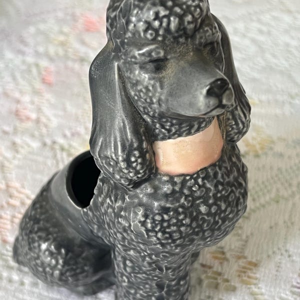 Vintage 6.5" Ceramic Gray Paddle Planter with Pink Collar