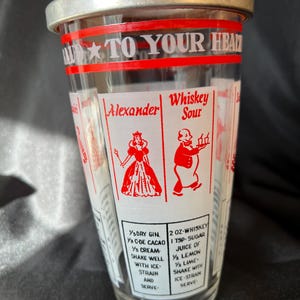 Vintage Glass Cocktail Shaker with Drink Recipes and Illustrations