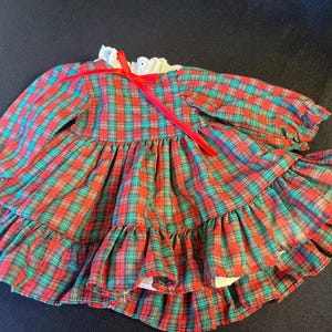 Red & Green Plaid Long Sleeve Dress with red Bow for Baby Doll