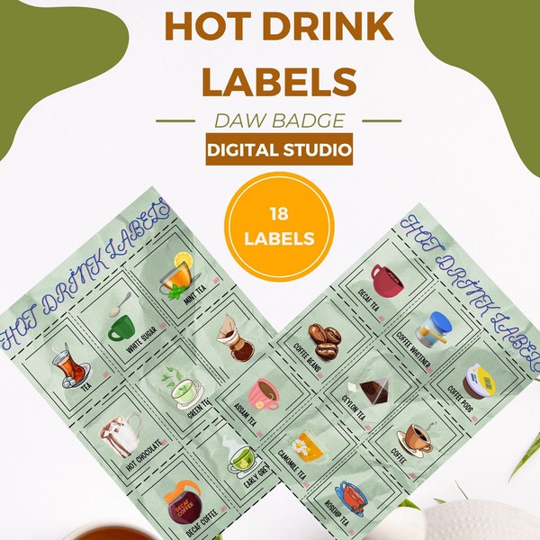 Hot Drink Labels -  Printable Drink Labels - Drink Sticker - Coffe Sticker - Jar Labels - Tea Labels - Hot Drink Sticker - Kitchen Decor