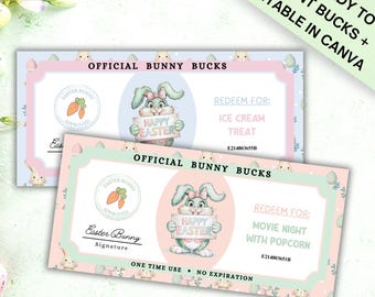Editable Easter Bunny Bucks, Egg Hunt Prizes, Easter Basket Filler Coupons, Bunny Money for Kids, Printable Easter Gifts
