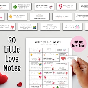 Könnte beinhalten: Ein druckbares Blatt mit 30 kleinen Liebesbriefchen für den Valentinstag. Die Notizen zeigen niedliche Illustrationen und romantische Botschaften wie "Du bist mein Seelenverwandter" und "Ich verliebe mich jeden Tag mehr in dich".