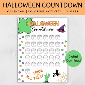 Puede incluir: Un calendario de cuenta atrás de Halloween imprimible con un fondo de slime verde, ilustraciones de sombrero de bruja y caldero. El calendario tiene 31 calderos numerados para colorear, contando hacia atrás hasta Halloween. El texto "Halloween Countdown" está en la parte superior de la página, y "Trick or Treat" está en la parte inferior.