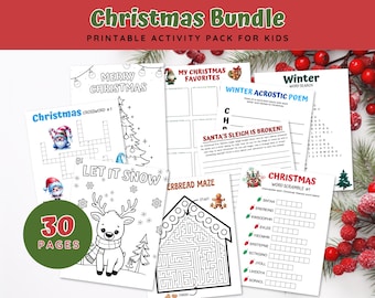 May include: A printable Christmas activity pack for kids with 30 pages of fun activities. The pack includes a crossword puzzle, word search, word scramble, maze, and more. The activities are all Christmas themed and feature festive colors like red, green, and white.