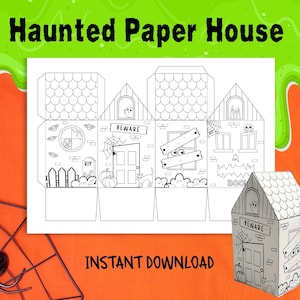 Haunted House Papiermodelle, druckbare Halloween Färbung Aktivität für Kinder, gruseliges Papierhaus, sofortiger Download