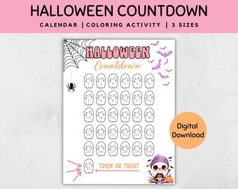 Halloween-nedräkningskalender för barn, målaraktivitet, Halloween-klassrumsdekor, rosa Halloween, utskrivbar nedräkning till Halloween