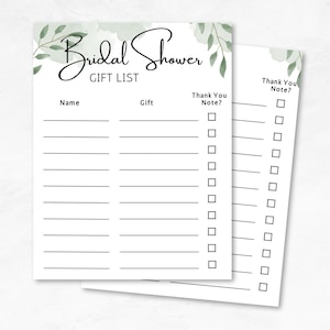 Bridal Shower Gift Tracker, Printable Gift List, Thank You Note