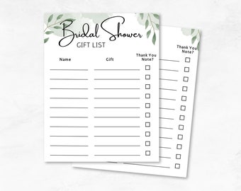 Printable Bridal Shower Gift List Digital Download, Thank You Tracker ...