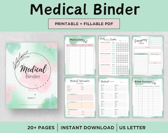 May include: A printable medical binder with a watercolour background. The binder includes pages for medication lists, daily med trackers, emergency contacts, blood pressure logs, and medical information.