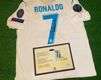 Camiseta de fútbol con firma auténtica, ¡Rea firmada! Camiseta manga larga Madrid 2018 UEF!A Rona!do