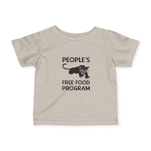 May include: A light gray t-shirt featuring the text "PEOPLE'S FREE FOOD PROGRAM" in black. A black panther graphic is centered above the text. The shirt is made of a soft, comfortable material.