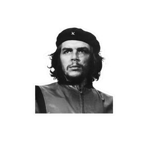 May include: Black and white sticker featuring a portrait of a man with long hair, a mustache, and a stern expression. He wears a black beret with a star emblem and a dark jacket. The sticker is a portrait-style design.