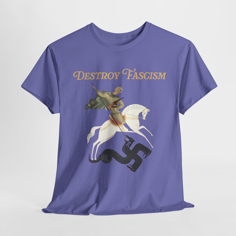 Destroy Fascism Save Democracy Tee, St George Antifascist Design Violet