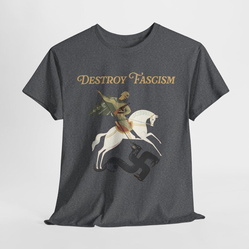 Destroy Fascism Save Democracy Tee, St George Antifascist Design Graphite Heather