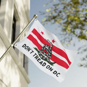 May include: A white flag with red stripes and two red stars. The flag features a coiled snake and the text "DON'T TREAD ON DC". The flag is mounted on a silver pole and is waving in the wind.
