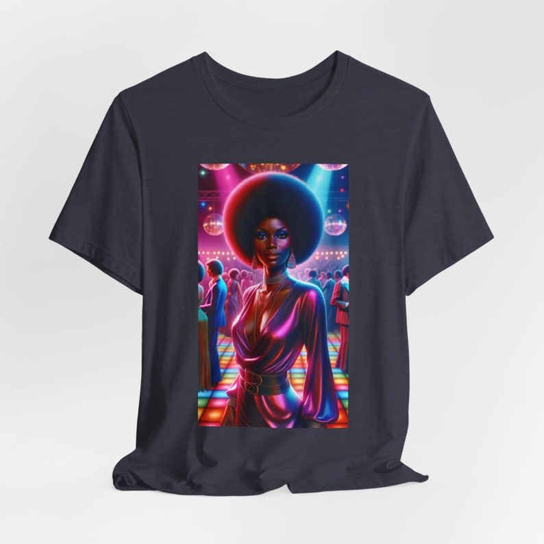 Afro Woman Shirt 70s Vibe Black Fashionistas Old School Vintage Look African American Tee Black Girl Magic Disco Tee Femme Fatale Heather Midnight Navy