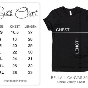 May include: Size chart for a unisex jersey t-shirt, showing chest and length measurements in inches for sizes XS to 3XL. The chart is printed on a white background with black text. The t-shirt is black and is shown on a white background.