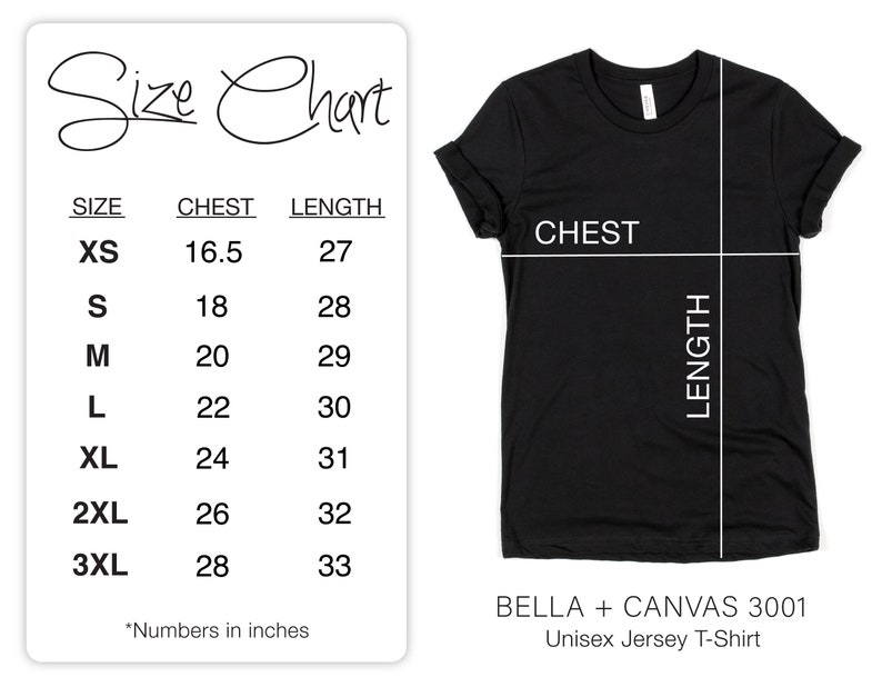 May include: Size chart for a unisex jersey t-shirt, showing chest and length measurements in inches for sizes XS to 3XL. The chart is printed on a white background with black text. The t-shirt is black and is shown on a white background.