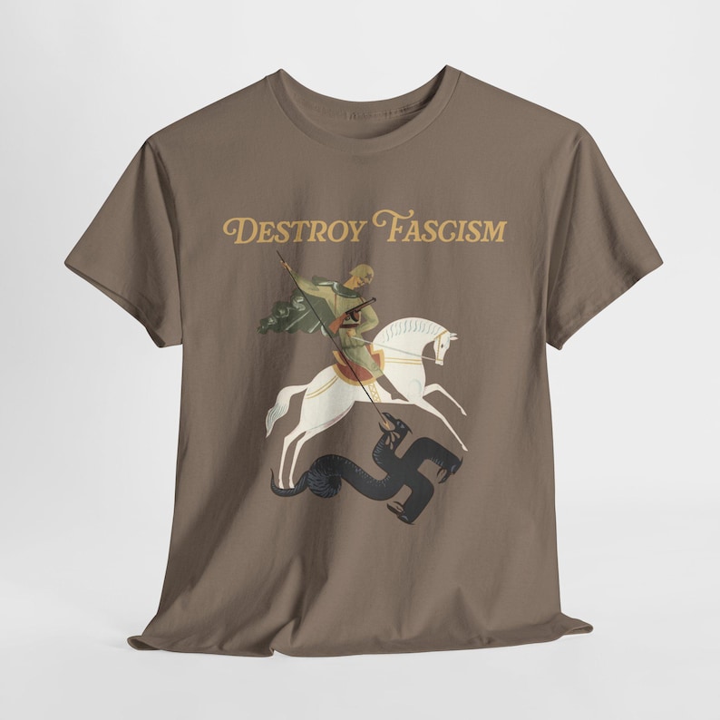 Destroy Fascism Save Democracy Tee, St George Antifascist Design Brown Savana