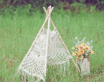 Nordic Style Hand-woven Macrame Tapestry Tent with Wooden Stick Holder