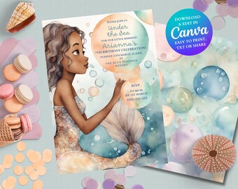 May include: Invitation to a 7th birthday party for a girl named Arianna. The invitation features a watercolor illustration of a mermaid with brown skin and long hair, surrounded by colorful bubbles. The text on the invitation reads "Please join us Under the Sea for our little mermaid Arianna's 7th Birthday Celebration." The invitation also includes the date, time, and location of the party.