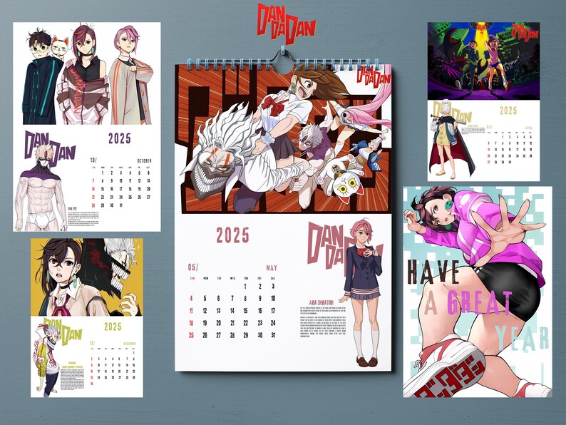 Calendario de anime 2025 inspirado en DANDADAN, plantillas editables y