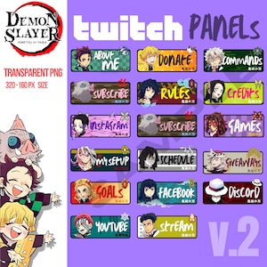 Puede incluir: Un conjunto de 16 paneles de Twitch con personajes del anime Demon Slayer: Kimetsu no Yaiba. Los paneles están diseñados para su uso en transmisiones de Twitch e incluyen varias categorías como Acerca de mí, Donar, Comandos, Suscribirse, Reglas, Créditos, Instagram, Juegos, Mi configuración, Horario, Sorteos, Metas, Facebook, Discord, Youtube y Transmisión. Los paneles son de varios colores y presentan diferentes personajes del anime.