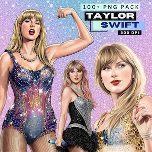 Puede incluir: Arte digital con tres ilustraciones de Taylor Swift. La figura central flexiona el bíceps, vistiendo un body adornado con pedrería. La imagen incluye el texto: "100+ PNG PACK TAYLOR SWIFT 300 DPI" sobre un fondo brillante.
