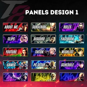 Puede incluir: Un conjunto de 12 paneles de Twitch coloridos con diferentes etiquetas de texto, que incluyen "Acerca de mí", "Suscribirse", "Reglas", "Clips", "Discord", "Facebook", "YouTube", "TikTok", "Lista de deseos", "Juegos", "Configuración de PC" y "Horario". Cada panel presenta un personaje diferente de un videojuego.