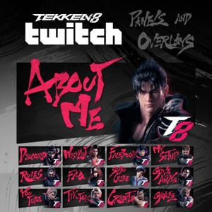 Puede incluir: Un conjunto de paneles de Twitch negro y rojo para Tekken 8 con un personaje del juego. Los paneles incluyen secciones para Discord, Lista de deseos, Facebook, Mi configuración, Reglas, Preguntas frecuentes, Suscribirse, Regalos, Youtube, TikTok, Créditos y Metas.