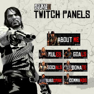 May include: A promotional image for Twitch panels featuring the "Red Dead Redemption 2" theme. The image includes a character with a gun, and panels labeled "About Me," "Rules," "Goals," "Socials," "Donate," "Subscribe," and "Commands."