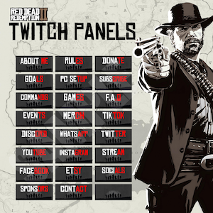 May include: A graphic featuring Twitch panels with various labels like "About Me," "Rules," and "Donate." The design incorporates a Western theme with a character from Red Dead Redemption 2. The panels are arranged in a grid.