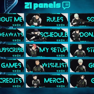 Peut inclure: Un ensemble de 21 panneaux Twitch mettant en scène des personnages d'anime vêtus de noir et de vert sur un fond bleu et blanc. Les panneaux comprennent des textes tels que "À propos de moi", "Règles", "Réseaux sociaux", "Cadeaux", "Horaire", "Dons", "S'abonner", "Mon installation", "Diffusion", "Jeux", "Liste de souhaits", "Objectifs", "Crédits", "Marchandise", et "Équipement".