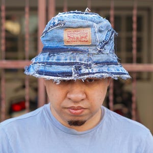 Upcycled Denim Bucket Hat – Handmade Patchwork Grunge Cap  display picture 2