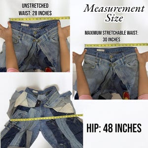 May include: A pair of blue denim jeans with a distressed look. The jeans are shown in three different positions to show the measurements. The measurements are: Unstretched Waist: 28 inches, Maximum Stretchable Waist: 30 inches, Hip: 48 inches.