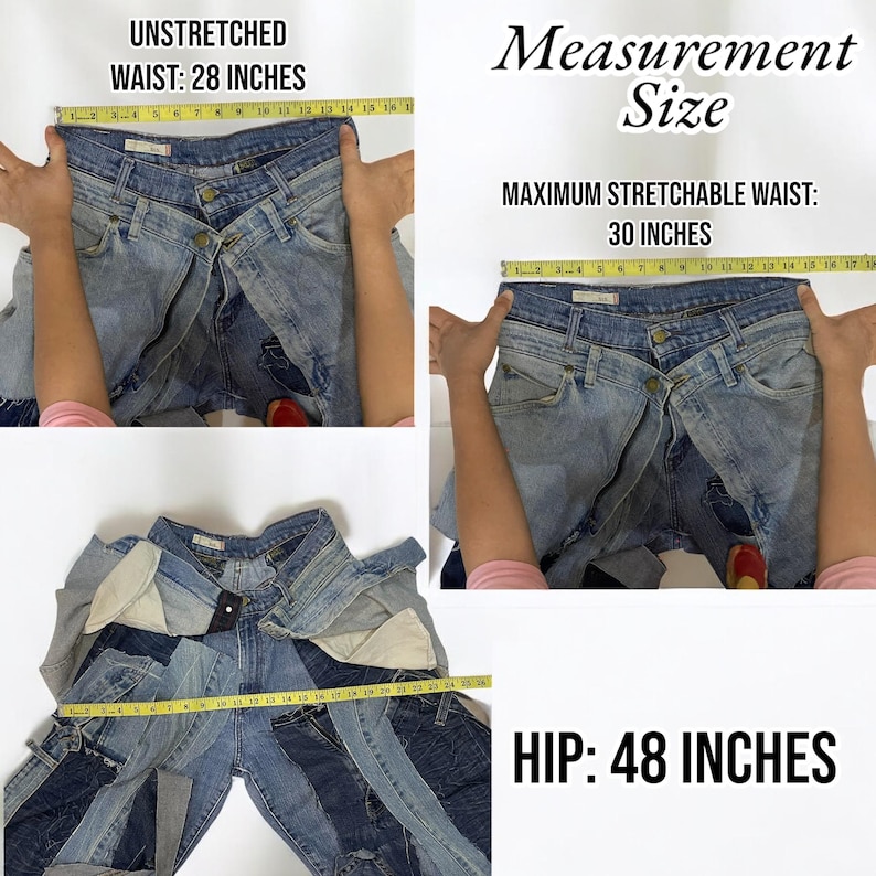 May include: A pair of blue denim jeans with a distressed look. The jeans are shown in three different positions to show the measurements. The measurements are: Unstretched Waist: 28 inches, Maximum Stretchable Waist: 30 inches, Hip: 48 inches.