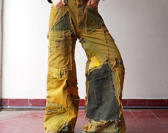 Calça jeans larga com patchwork reciclado: jeans desgastado com cintura de 36"