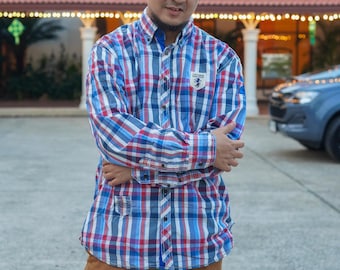 Vintage Mens Plaid Cotton Shirt Relaxed Fit Long Sleeve (XL)