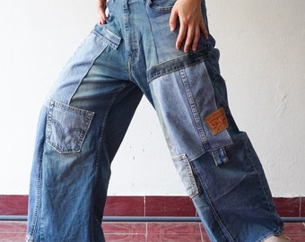 29" Vintage Patchwork Carpenter Jeans – Wide-Leg Distressed Upcycled Denim, Grunge Streetwear, Handcrafted One of a Kind