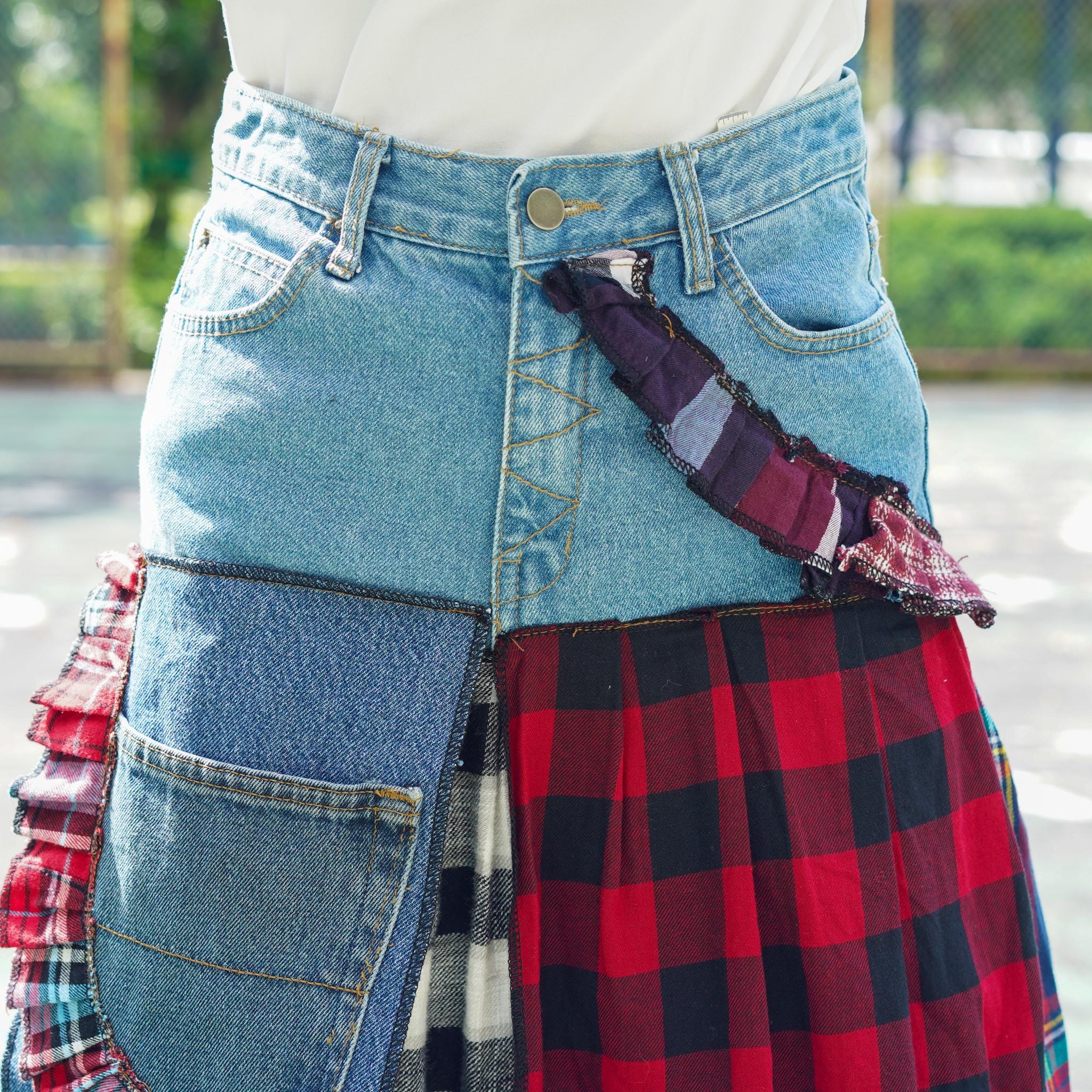 Upcycled Denim Patchwork Maxi Skirt: Plaid Tartan Boho Grunge (29