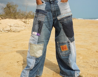 29" taille, jaren 1990 Vintage Upcycled Remake Patchwork Jeans Denim Distressed Loose Denim, Patchwork CarpenterJeans voor mannen