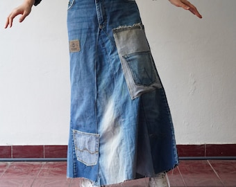 31" taille patchwork denim maxi rok – geüpcycled wijde streetwear rok, milieuvriendelijke handgemaakte boho lange rok voor vrouwen