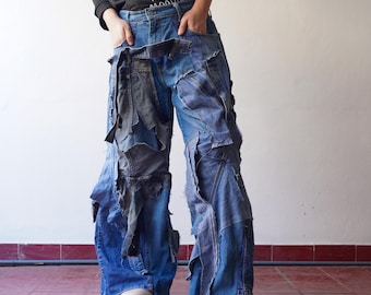 Vaqueros de patchwork reciclados Y2K con cintura de 81 cm: pantalones vaqueros anchos rotos con parches hechos a mano, estilo festival grunge.