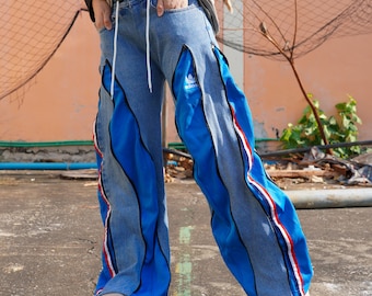 Upcycled Patchwork Jogger Jeans - Funky Y2K Streetwear, Stretch Denim, Loose Fit Handgefertigte Jogginghose Stil, Einzigartige Festival Hose