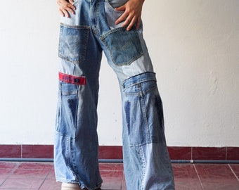 28" Waist, 1990s Vintage Handmade Upcycle Remake Patchwork Denim Vintage Wide Legs Jeans Ripped Denim Streetwear Style for Women