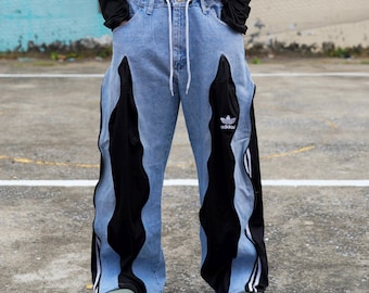 Patchwork Jogger Jeans – Upcycled Baggy Y2K Streetwear Denim, Handmade Festival Pants, Unisex Fit